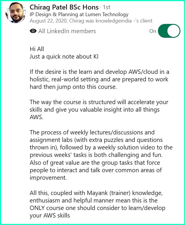 LinkedIn recommendation - Chirag Patel