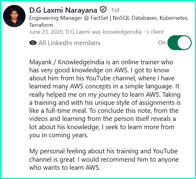 LinkedIn recommendation - D.G Laxmi Narayana