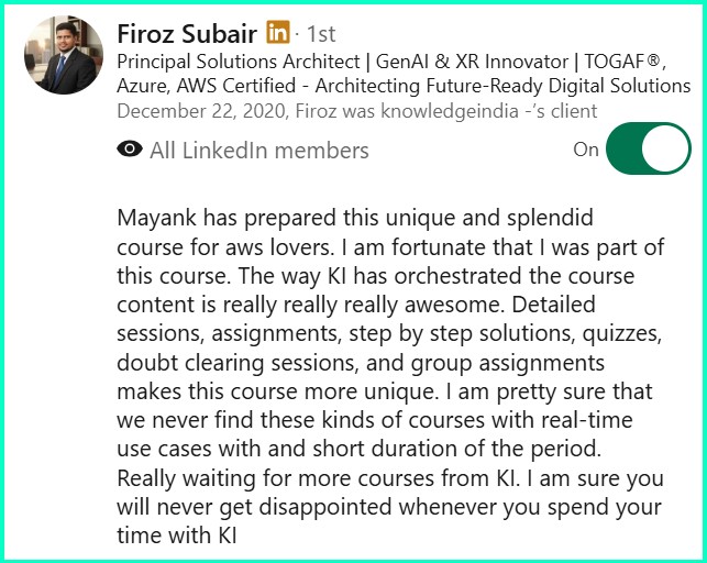 LinkedIn recommendation - Firoz Subair