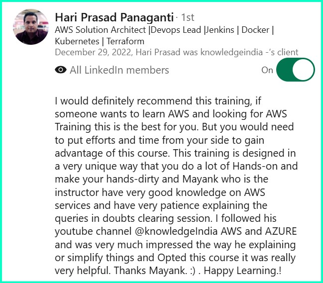 LinkedIn recommendation - Hari Prasad Panaganti