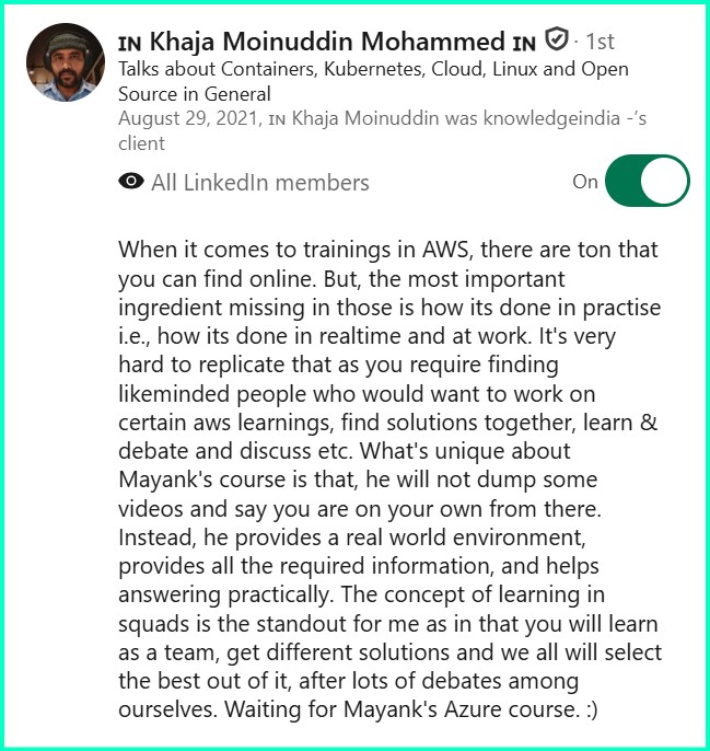 LinkedIn recommendation from Khaja Moinuddin Mohammed, Cloud and Containers expert