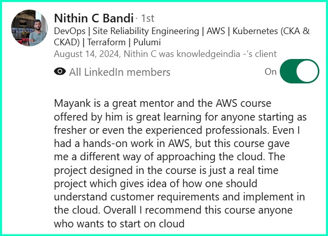 LinkedIn recommendation from Nithin C Bandi, DevOps and SRE engineer