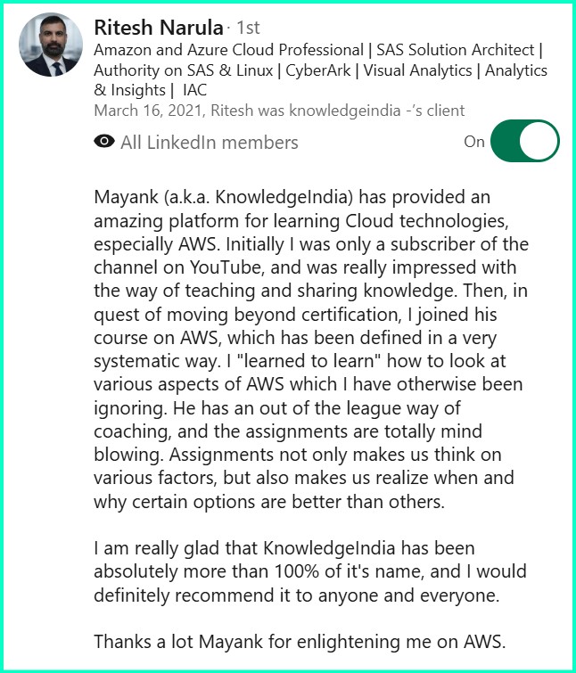 LinkedIn recommendation - Ritesh