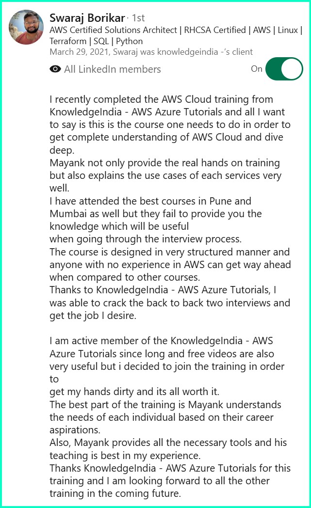LinkedIn recommendation - Swaraj Borikar