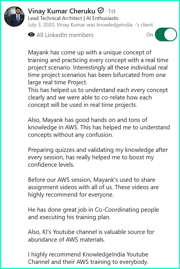 LinkedIn recommendation - Vinay Kumar Cheruku